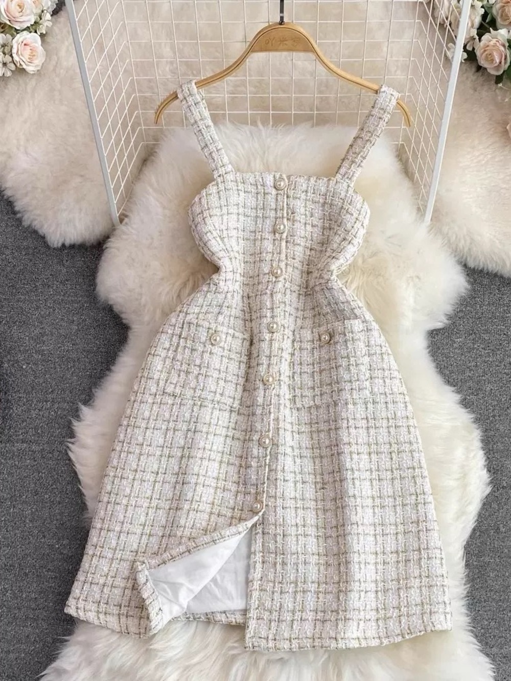 Elegant Cream Tweed Button-Front Mini Dress - Picture 3 of 3